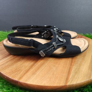 Minnetonka Silverthorne Sandals Womens 6 W Black Flip Flop Flats Fabric Slip On